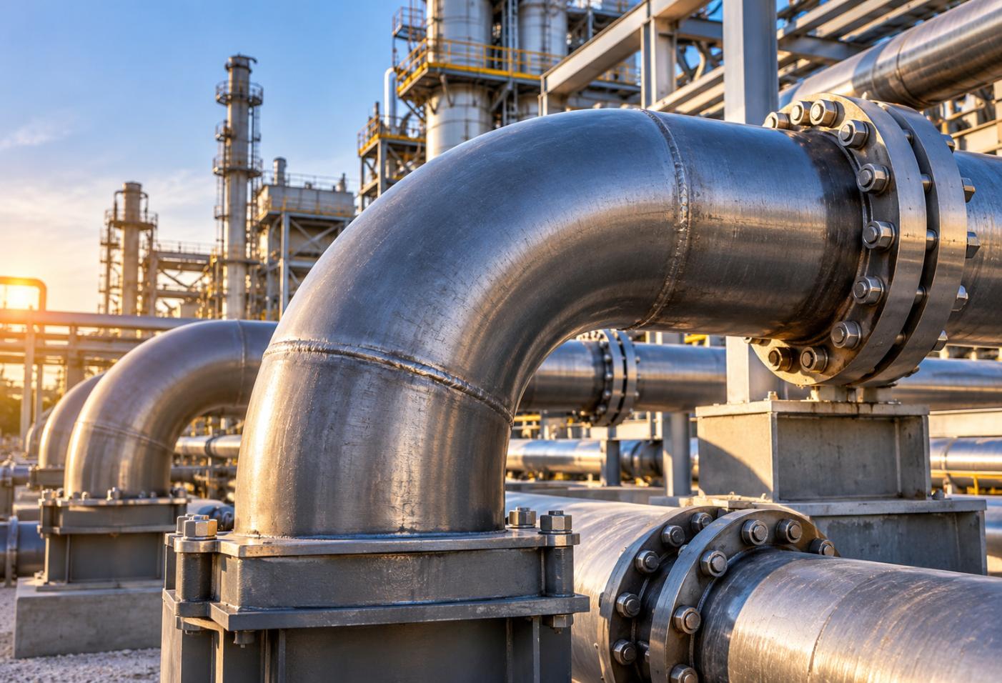 Heavy-wall steel pipe bends and fabricated elbows in an industrial refinery pipeline system designed for high-velocity slurry and chemical flow.