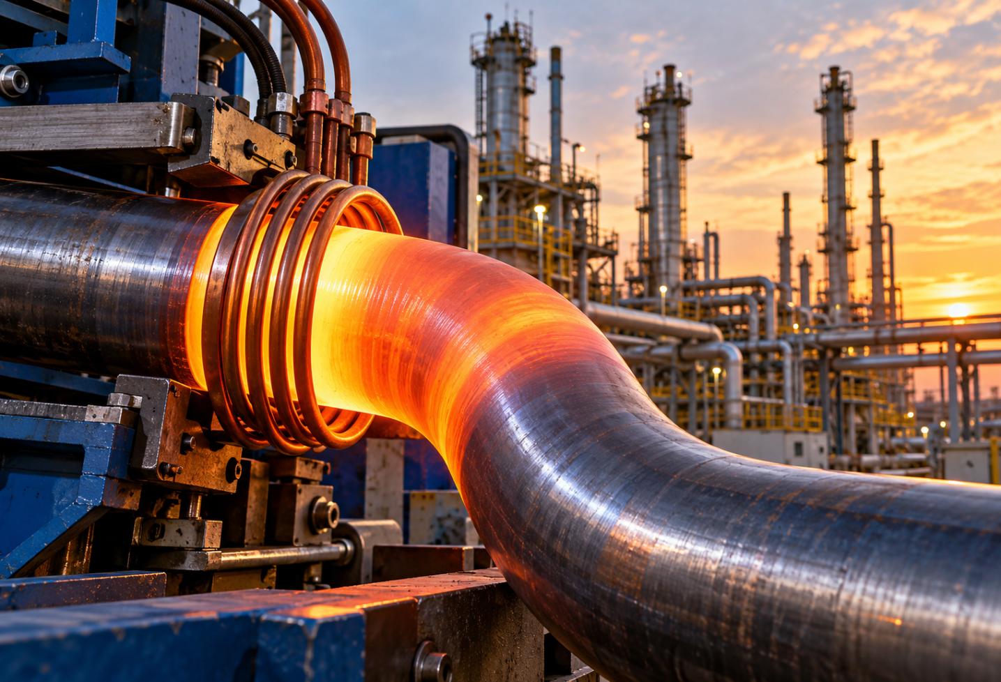 Induction pipe bending equipment heating and forming a large steel pipe with a Gulf Coast refinery and industrial pipelines in the background.